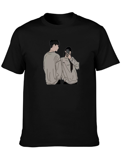 Camiseta Negra Unisex con Diseño Abstracto de Pareja