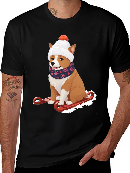 Camiseta Negra con Corgi en Trineo Invernal