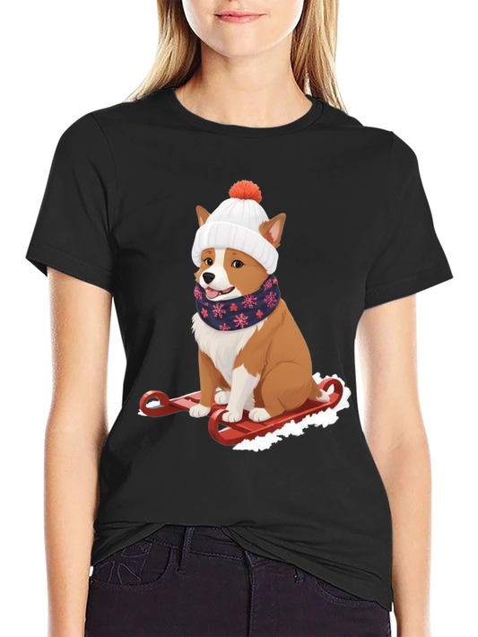 Camiseta Negra con Corgi en Trineo Invernal