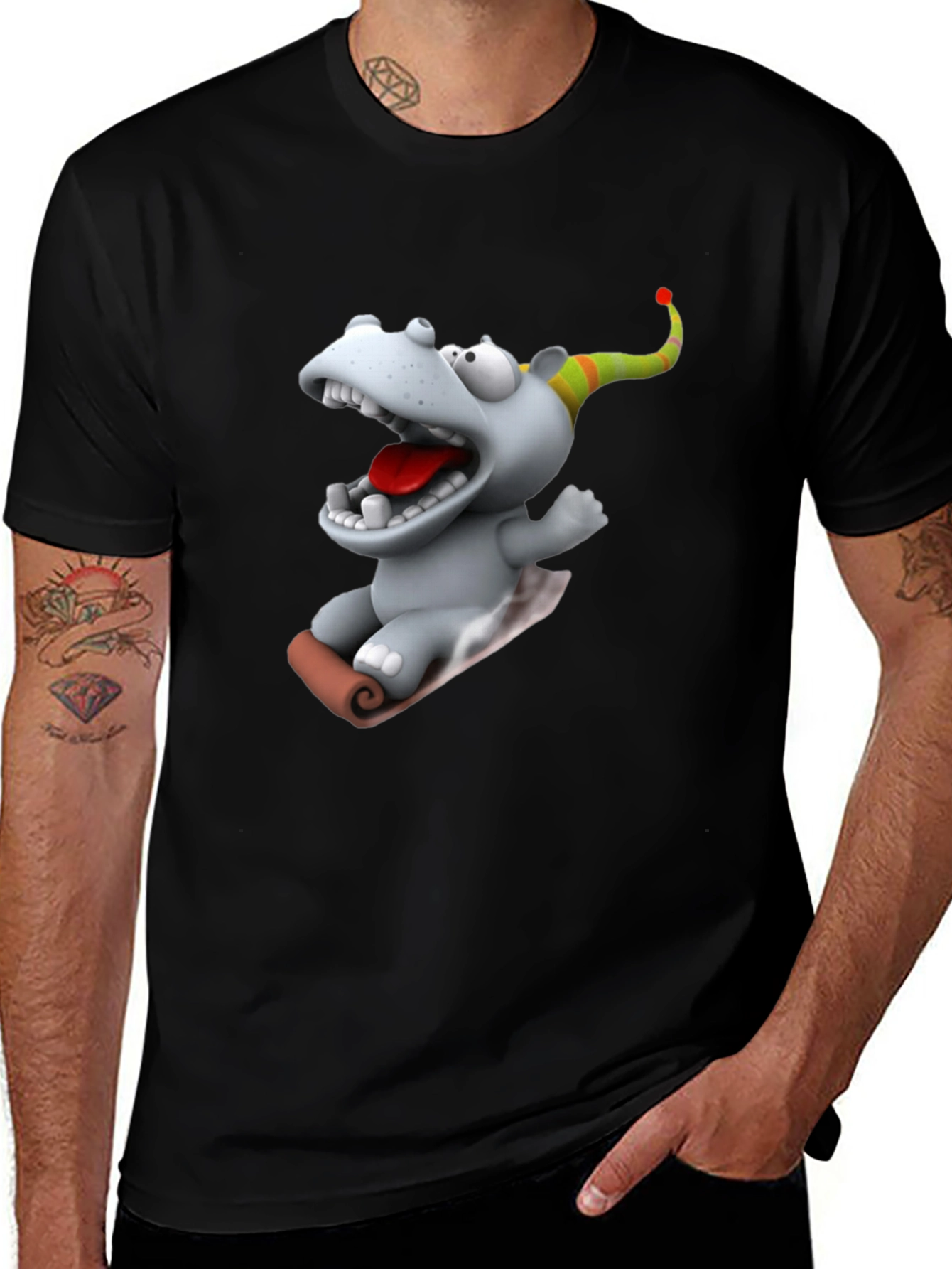 Camiseta Negra con Dibujo Animado de Hipopótamo Navideño