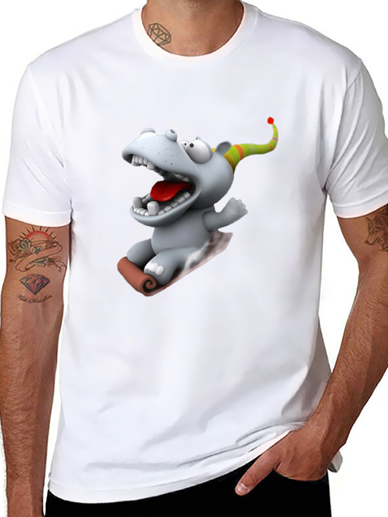 Camiseta Negra con Dibujo Animado de Hipopótamo Navideño