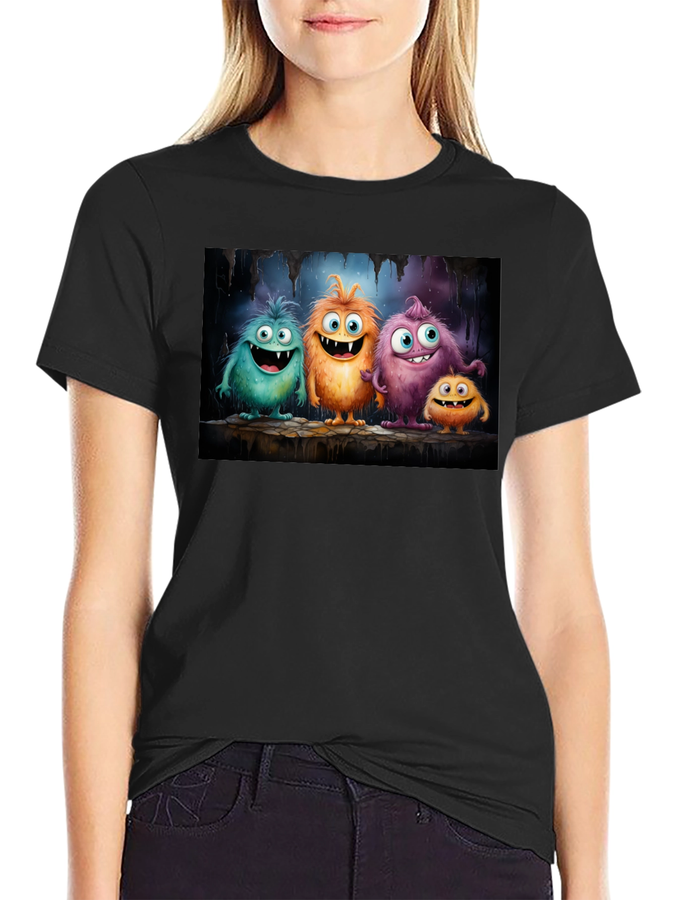 Camiseta Negra con Adorables Monstruos