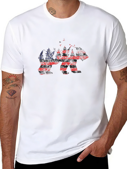 Camiseta Negra Hombre Diseño Oso Bandera Americana