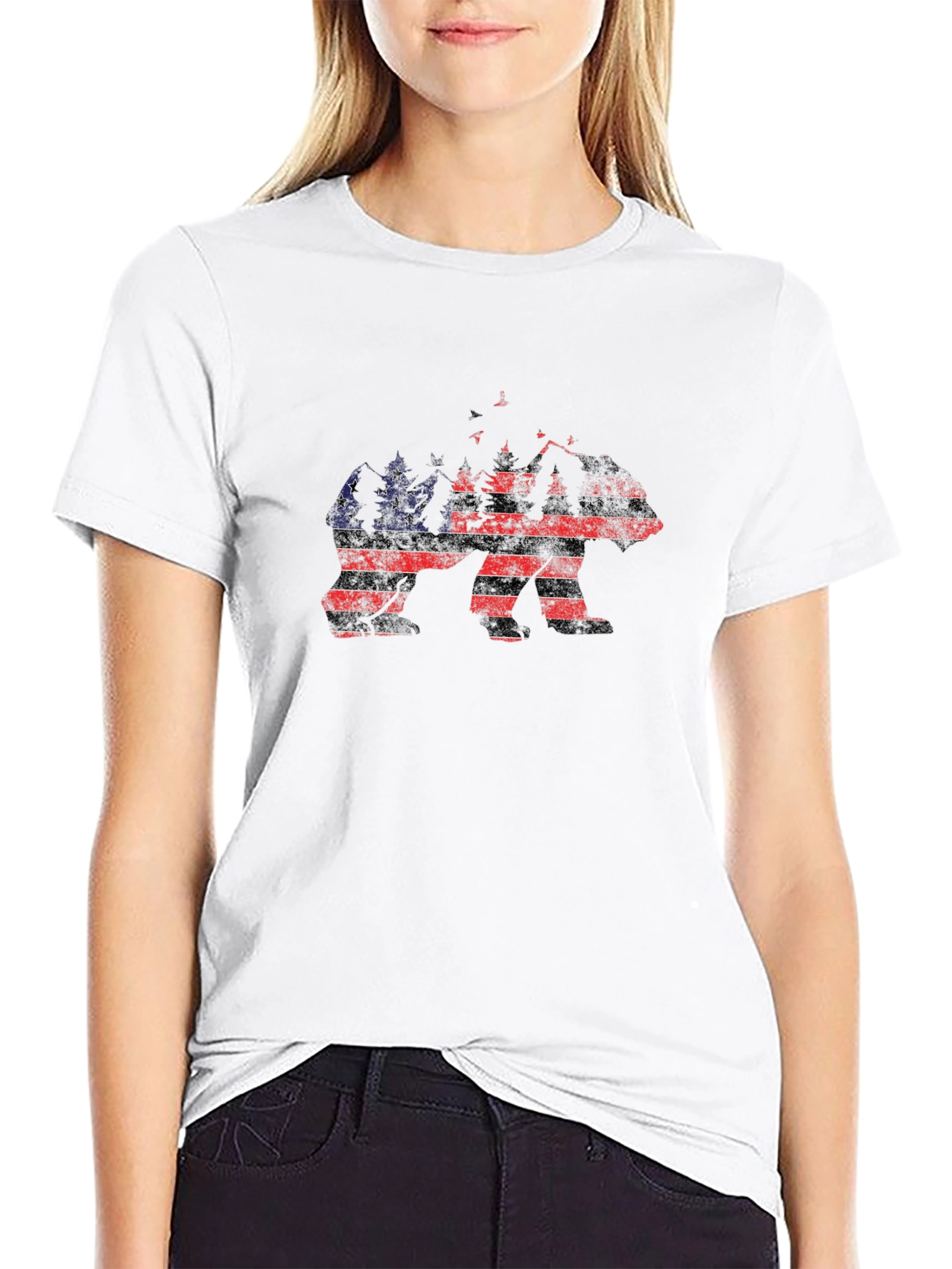 Camiseta Negra Hombre Diseño Oso Bandera Americana