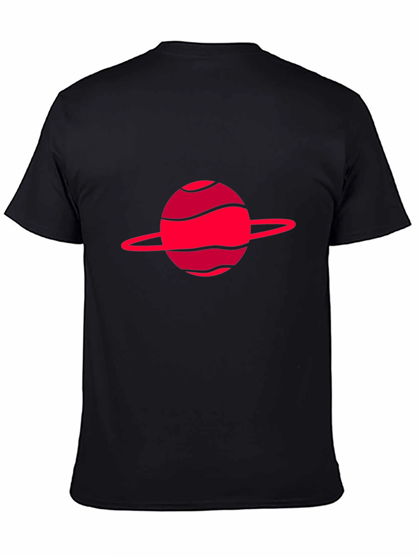 Camiseta negra con diseño de planeta rojo
