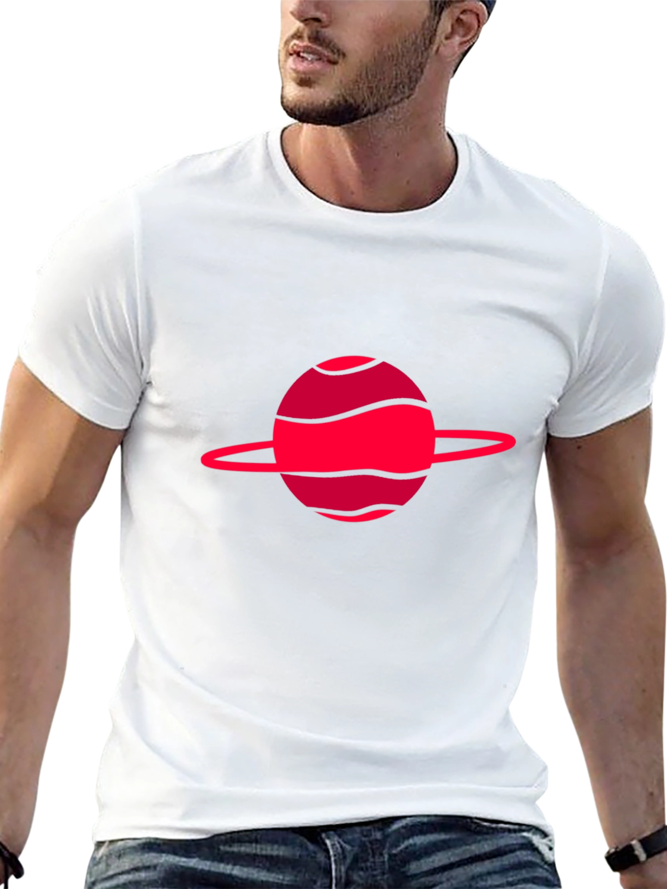 Camiseta negra con diseño de planeta rojo