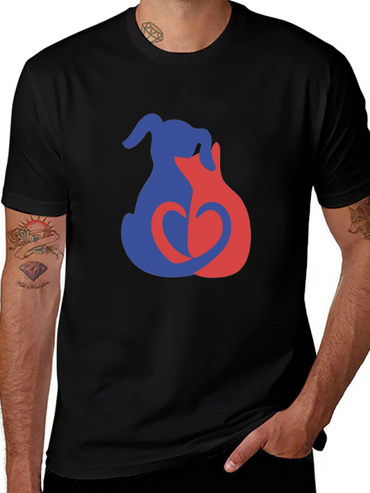 Camiseta Negra con Diseño de Perro y Gato Amorosos