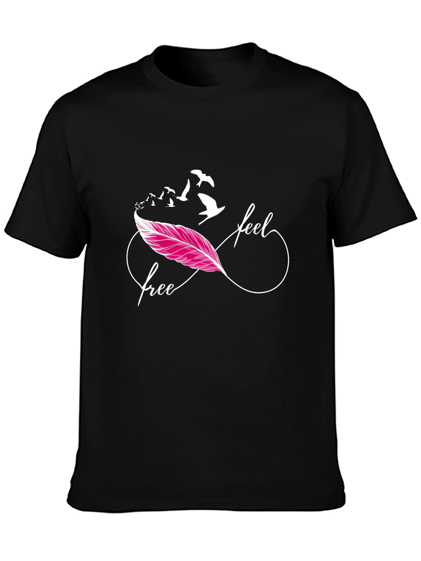 Camiseta Negra Feel Free con Pluma y Pájaros