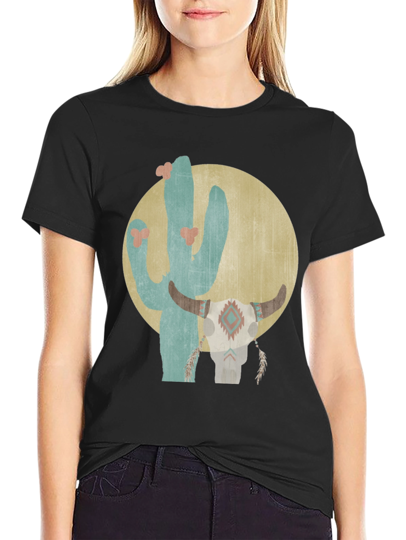Camiseta Negra con Diseño de Cactus y Cráneo