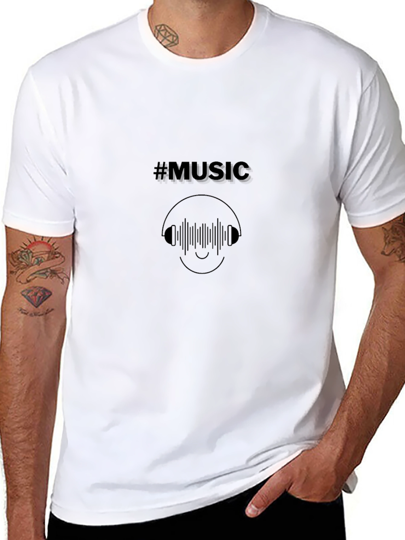 Camiseta Negra #Music con Diseño de Auriculares