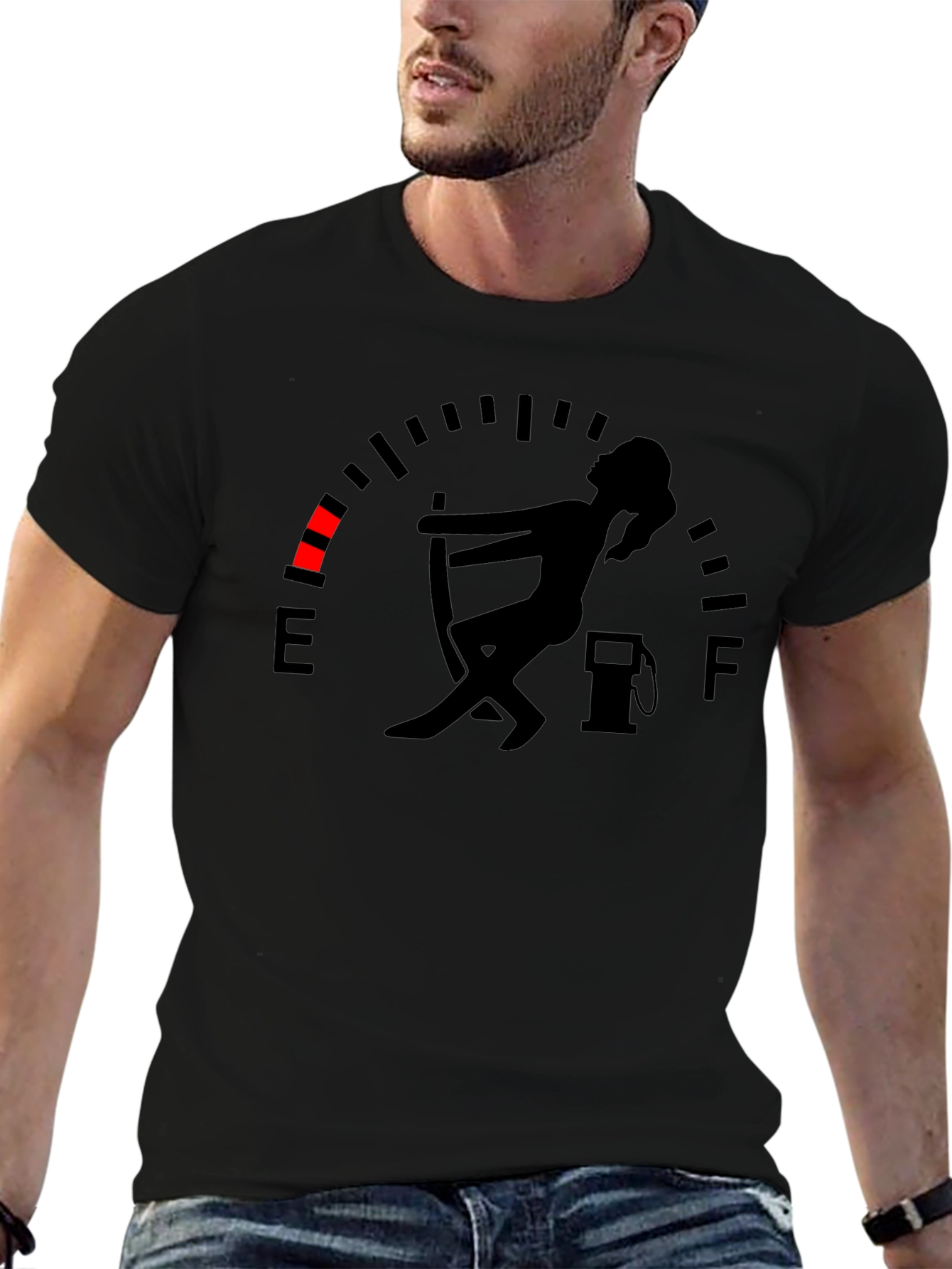 Camiseta Negra Gráfica Indicador de Gasolina Divertida