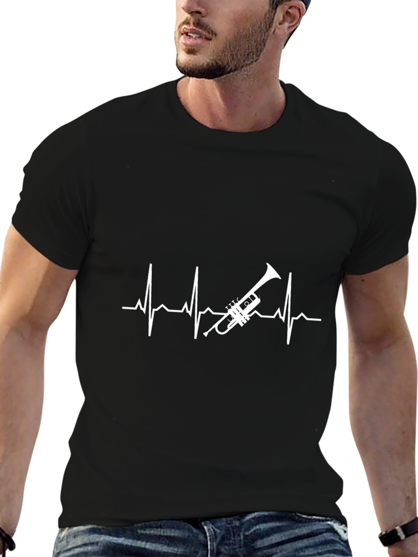 Camiseta Negra con Diseño de Latido y Trompeta