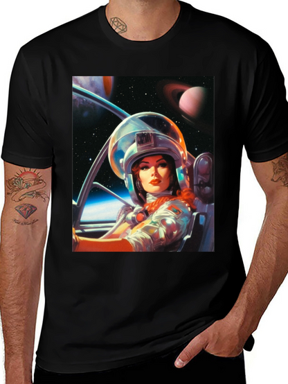 Camiseta Negra con Estampado de Astronauta Retro