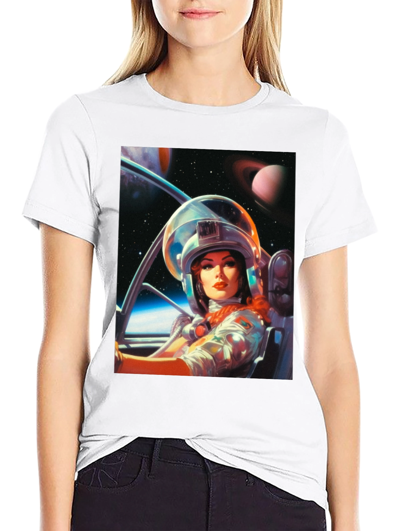Camiseta Negra con Estampado de Astronauta Retro