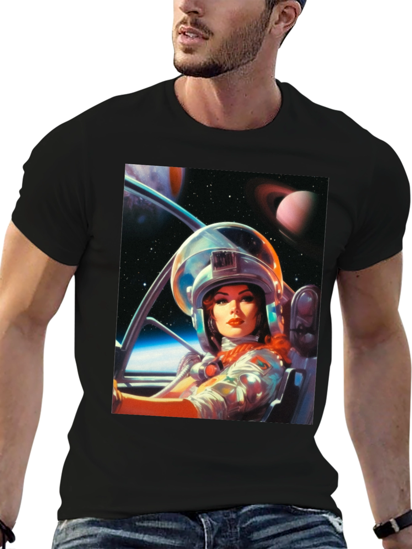 Camiseta Negra con Estampado de Astronauta Retro