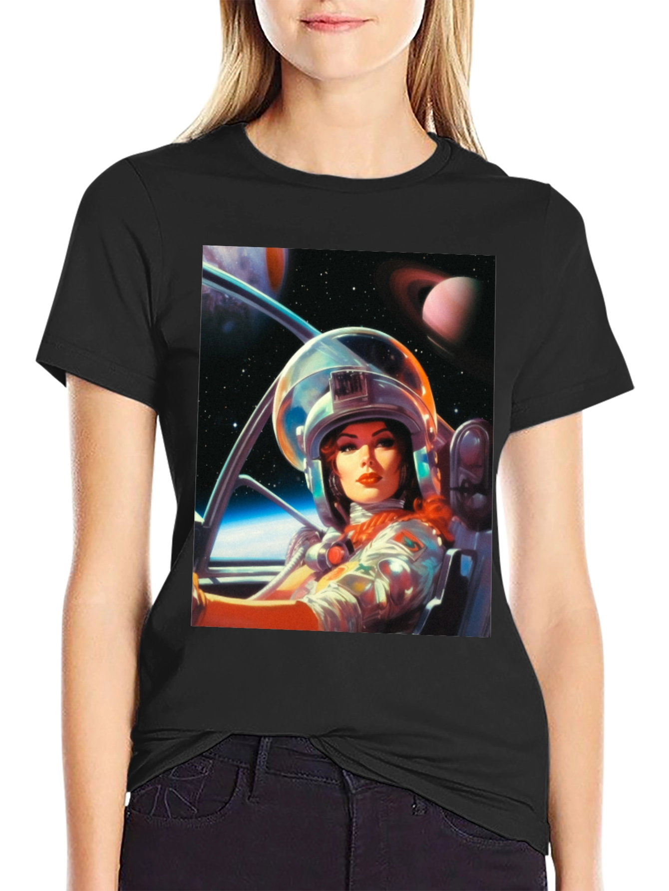 Camiseta Negra con Estampado de Astronauta Retro