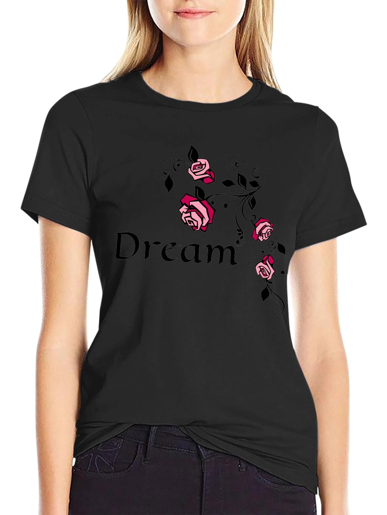 Camiseta Negra Dream con Rosas Rosadas