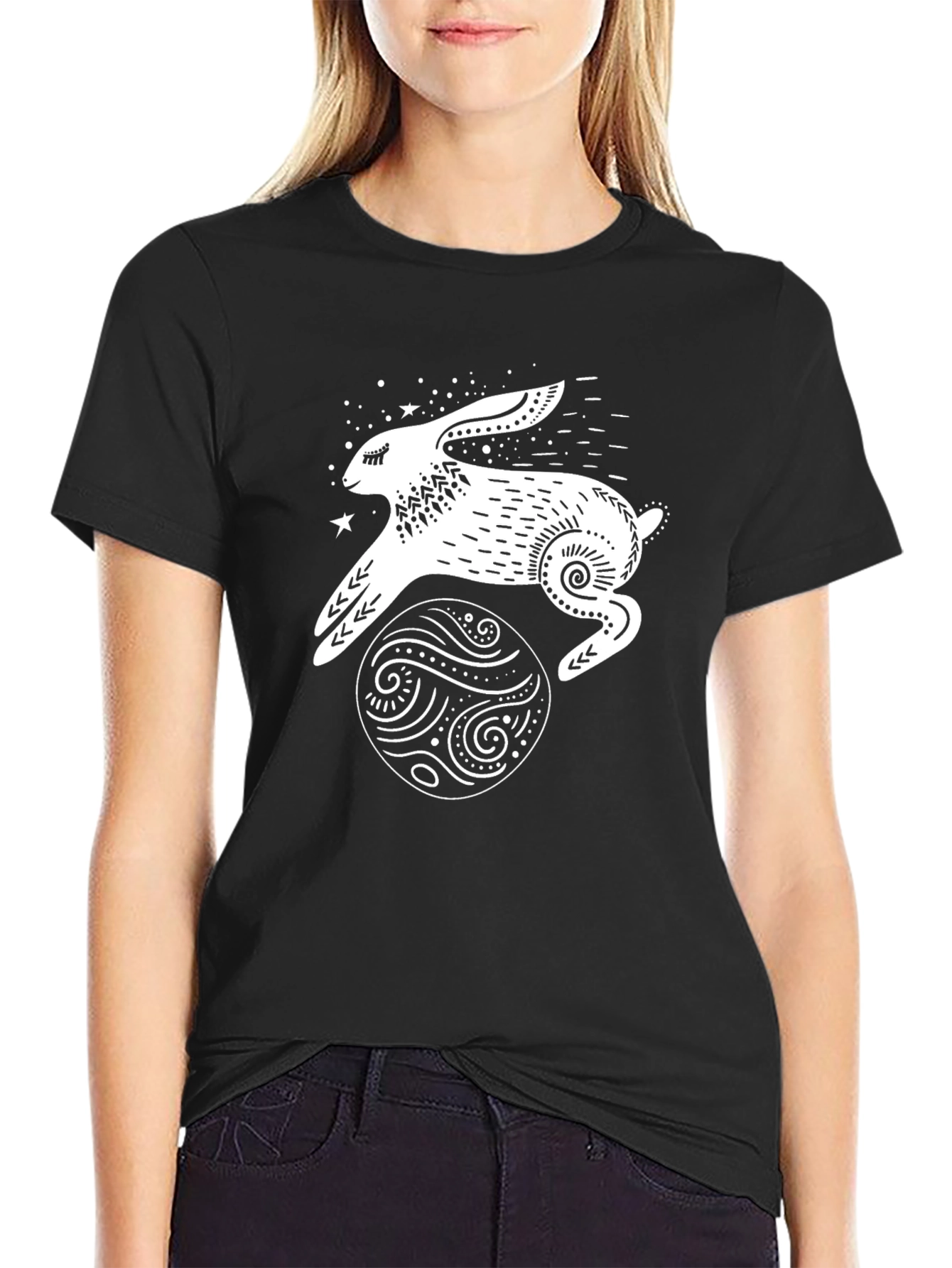 Camiseta Negra Conejo Lunar Estampado