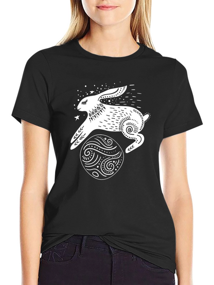 Camiseta Negra Conejo Lunar Estampado