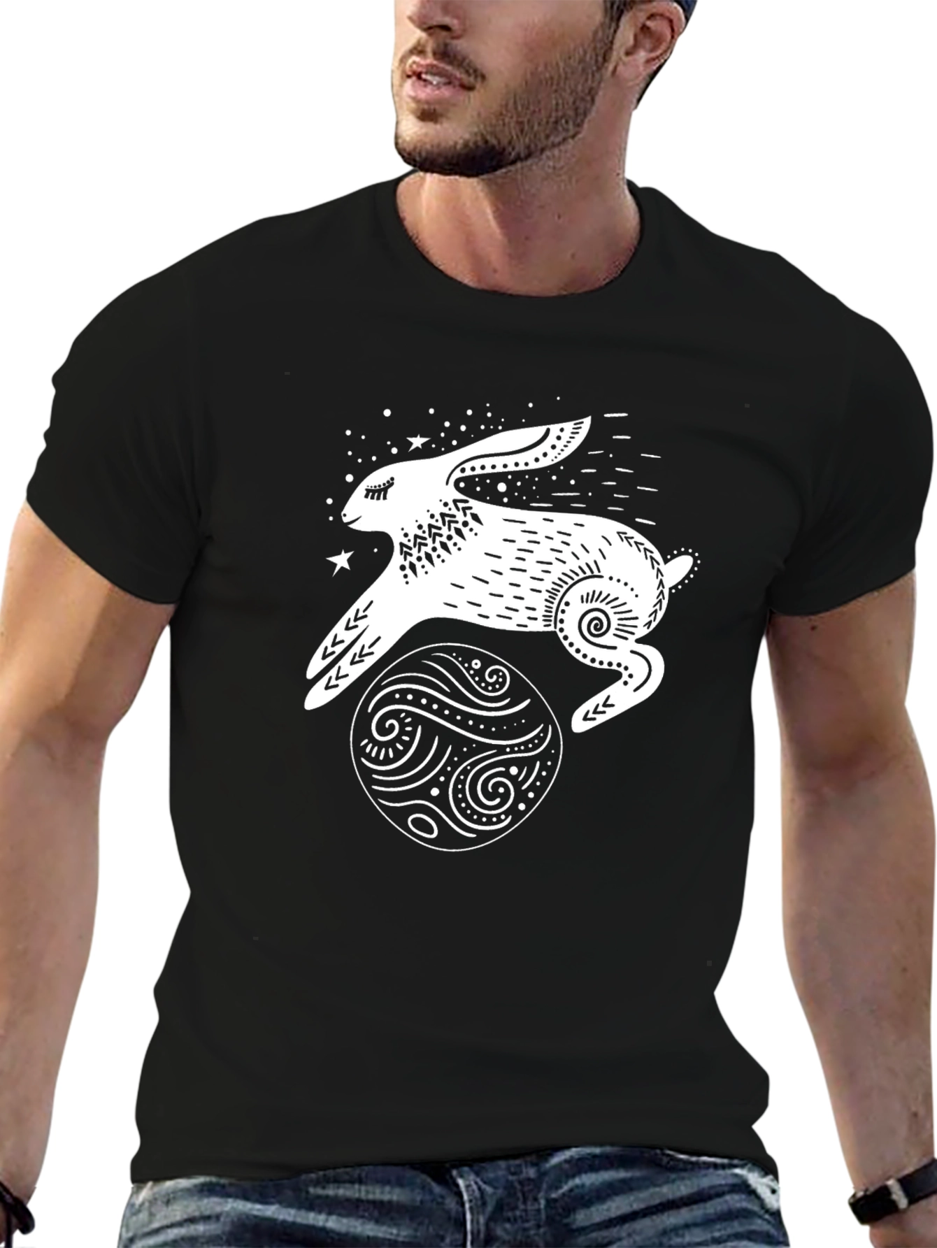 Camiseta Negra Conejo Lunar Estampado
