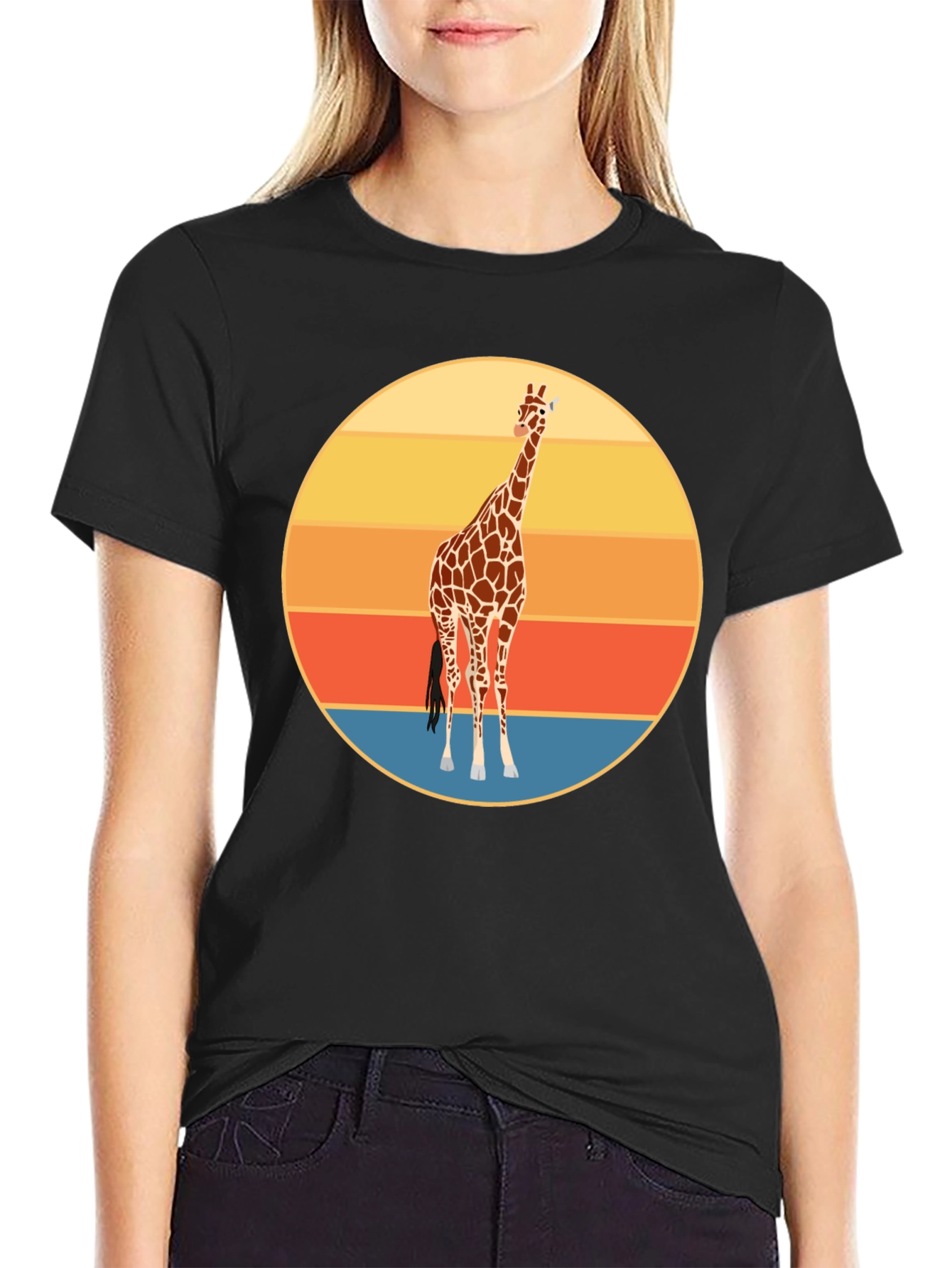 Camiseta Negra con Diseño Retro de Jirafa