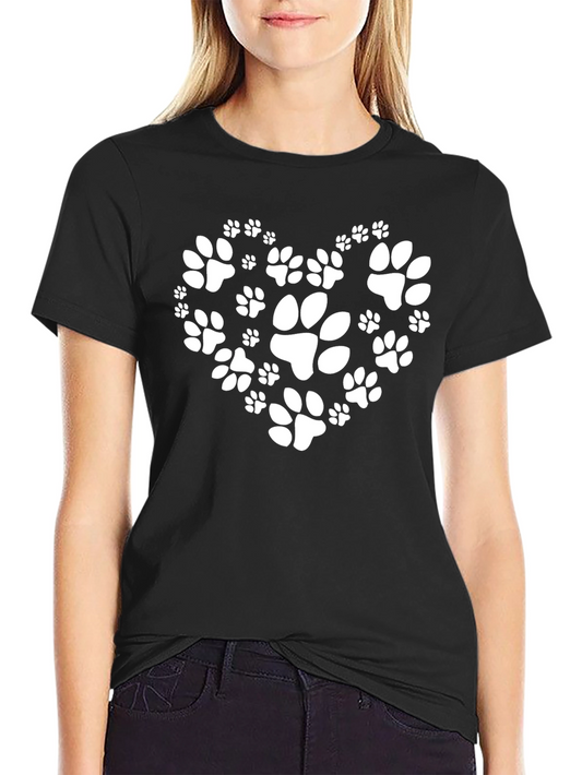 Camiseta Negra con Diseño de Huellas de Patas en Forma de Corazón
