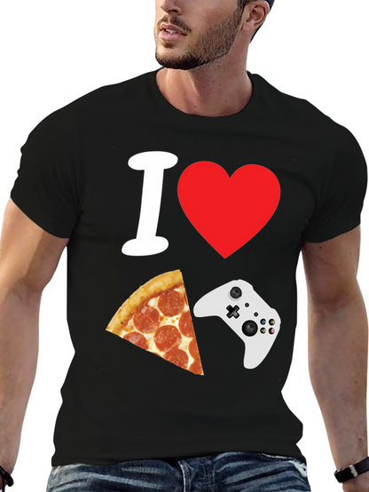 Camiseta Negra: Amo Pizza y Videojuegos
