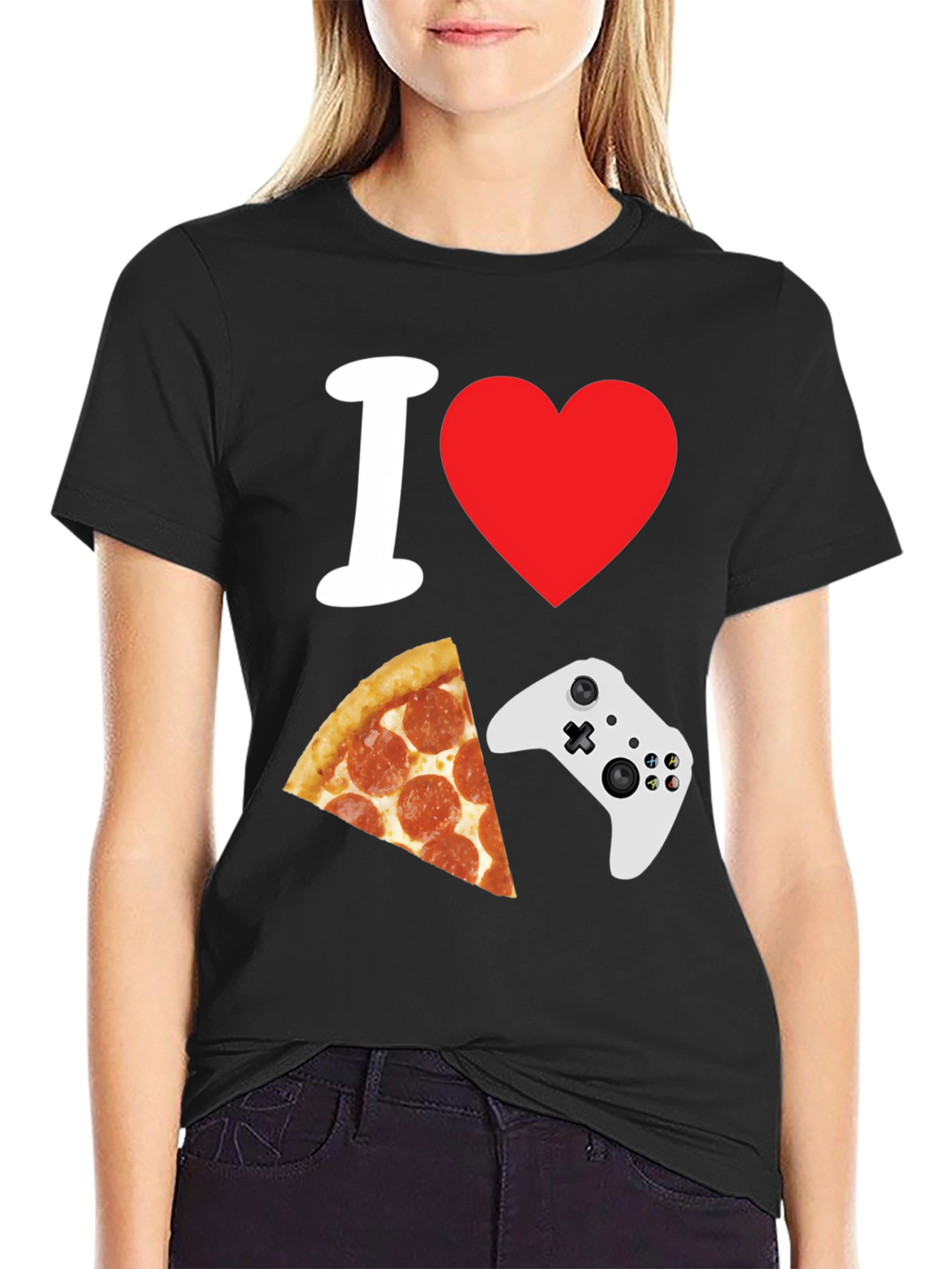 Camiseta Negra: Amo Pizza y Videojuegos