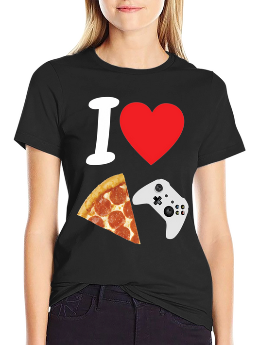 Camiseta Negra: Amo Pizza y Videojuegos