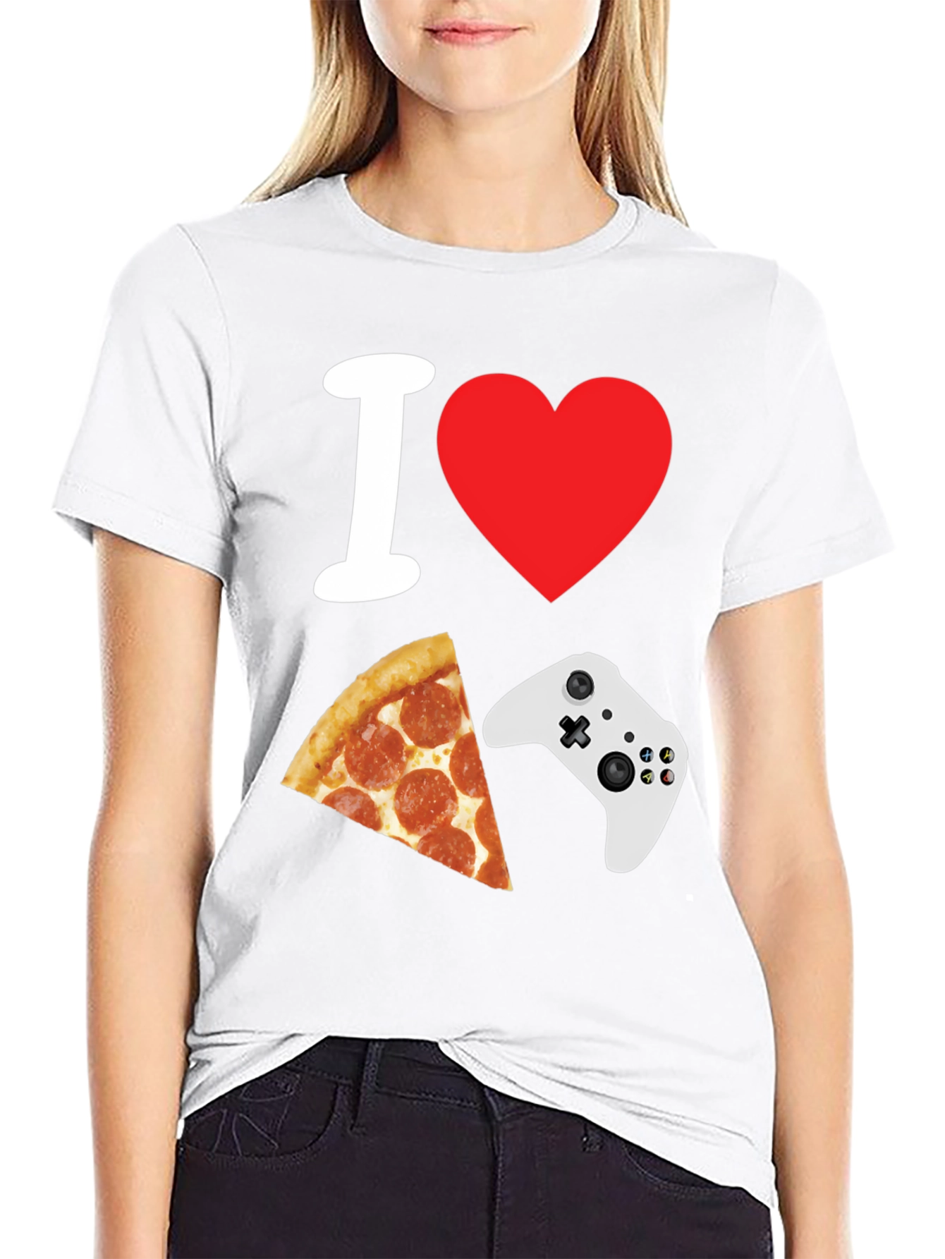 Camiseta Negra: Amo Pizza y Videojuegos