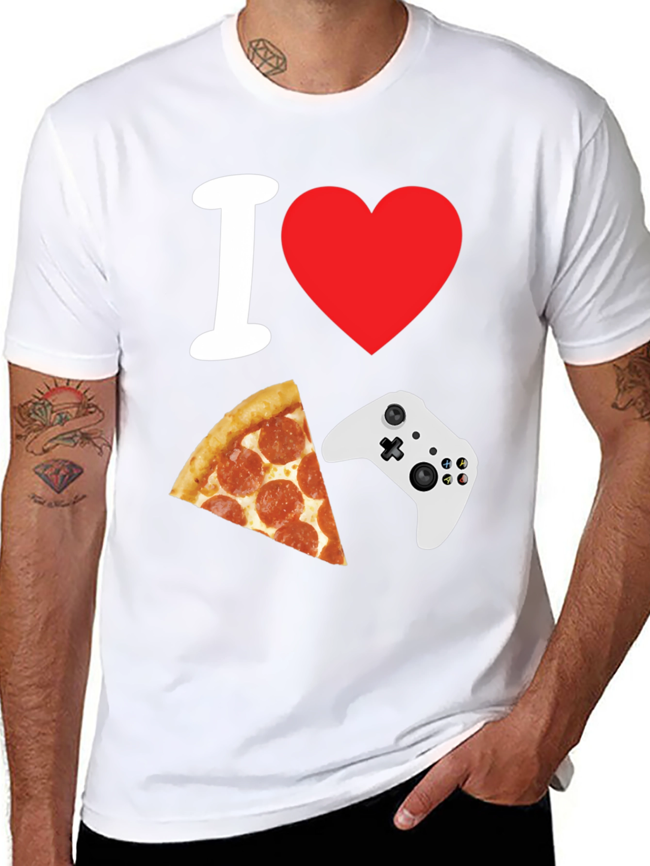 Camiseta Negra: Amo Pizza y Videojuegos