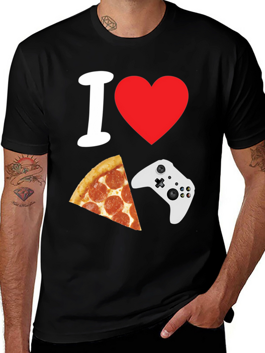 Camiseta Negra: Amo Pizza y Videojuegos