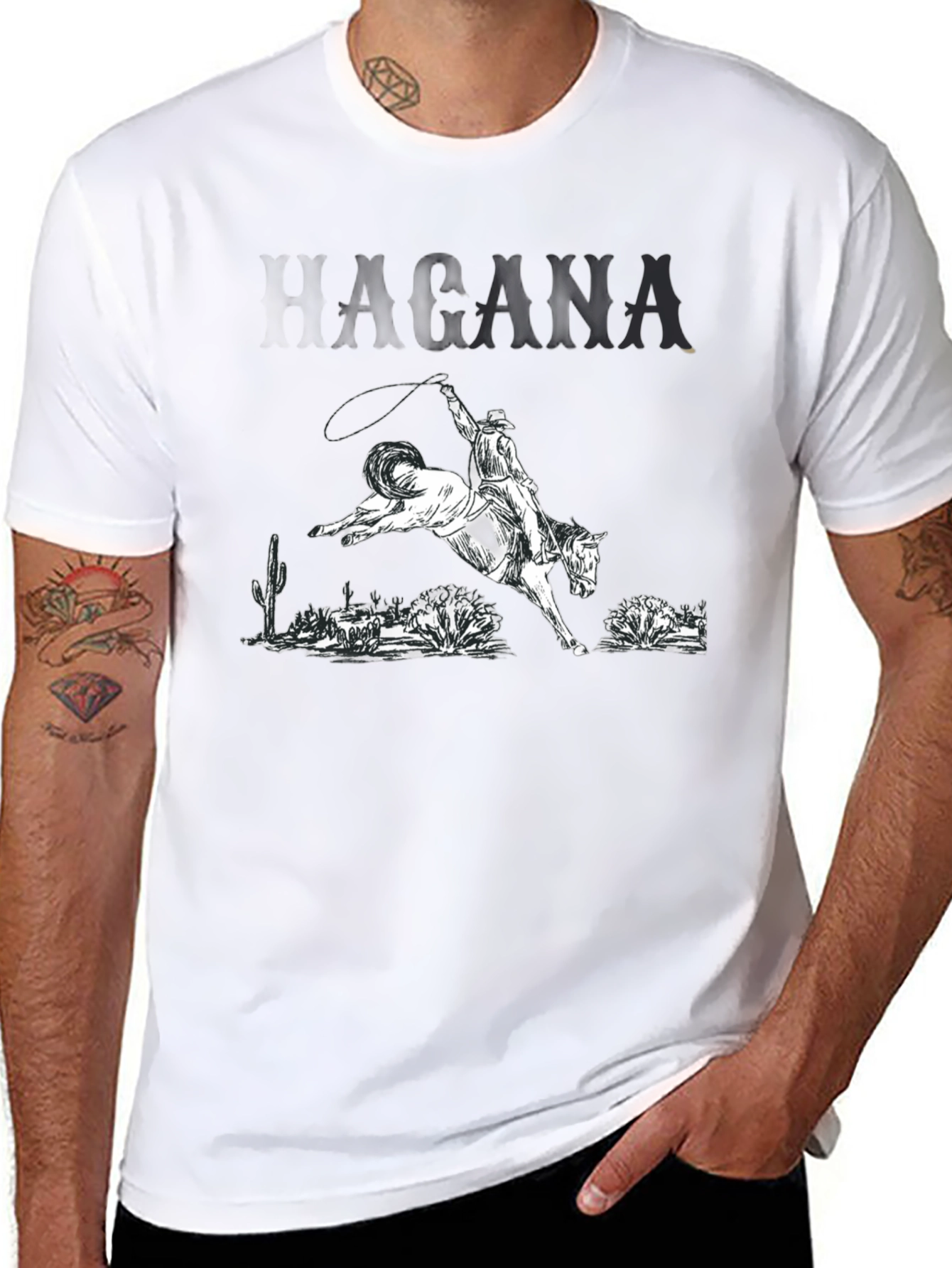 Camiseta Negra con Diseño Vaquero y Caballo Salvaje