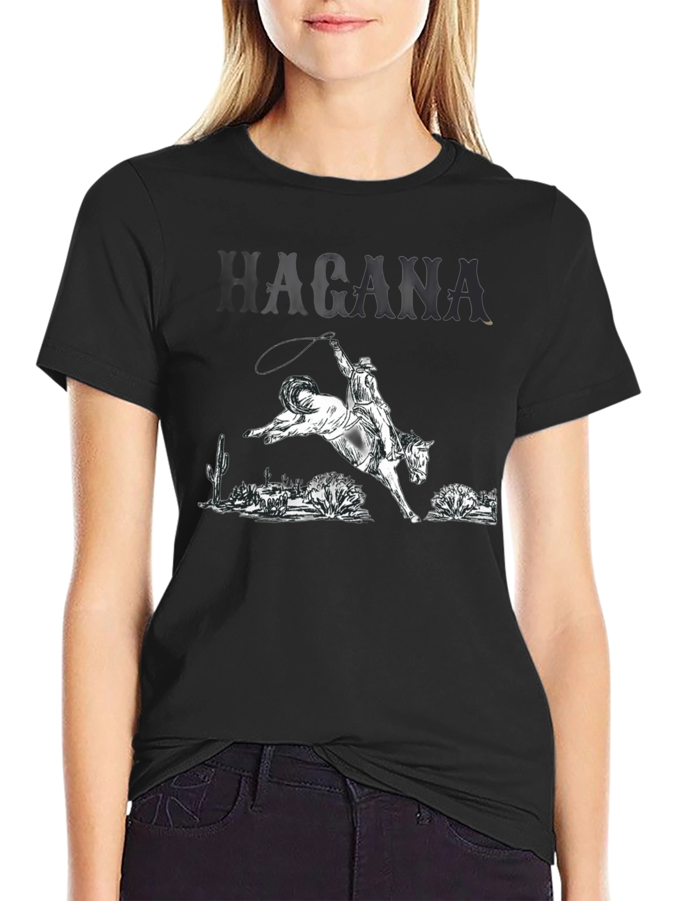 Camiseta Negra con Diseño Vaquero y Caballo Salvaje