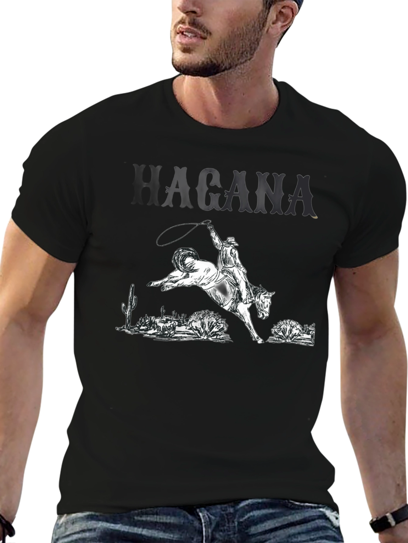 Camiseta Negra con Diseño Vaquero y Caballo Salvaje