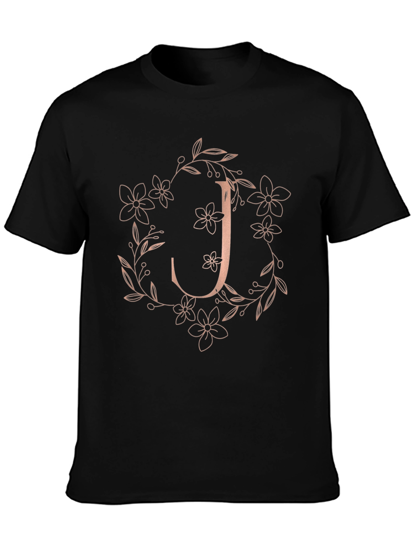 Camiseta Negra Floral con Inicial J Estilizada
