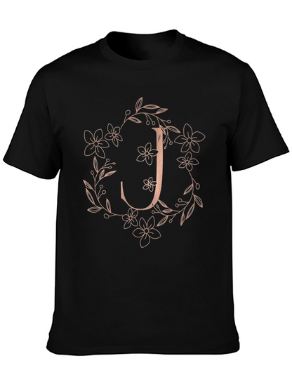 Camiseta Negra Floral con Inicial J Estilizada
