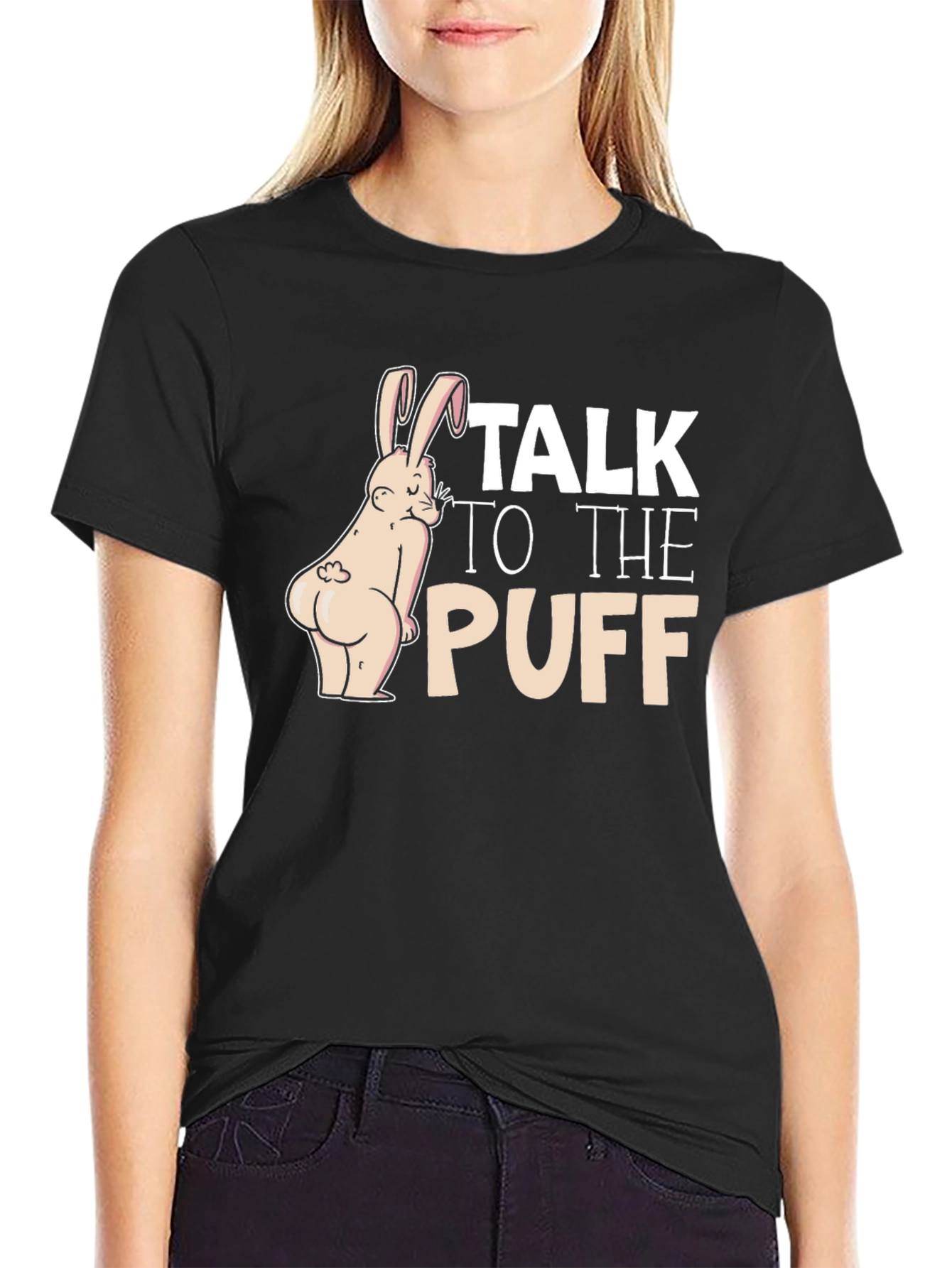 Camiseta Negra: Conejo Descarado Talk to the Puff