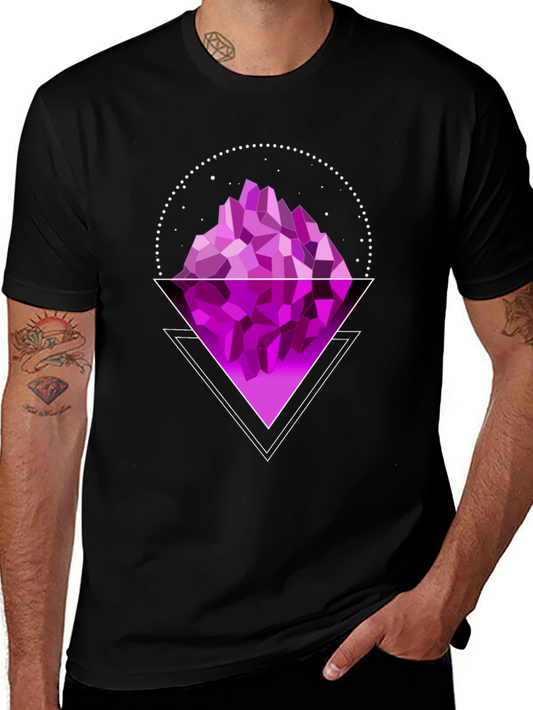 Camiseta Negra Diseño Montaña Geométrica Morada