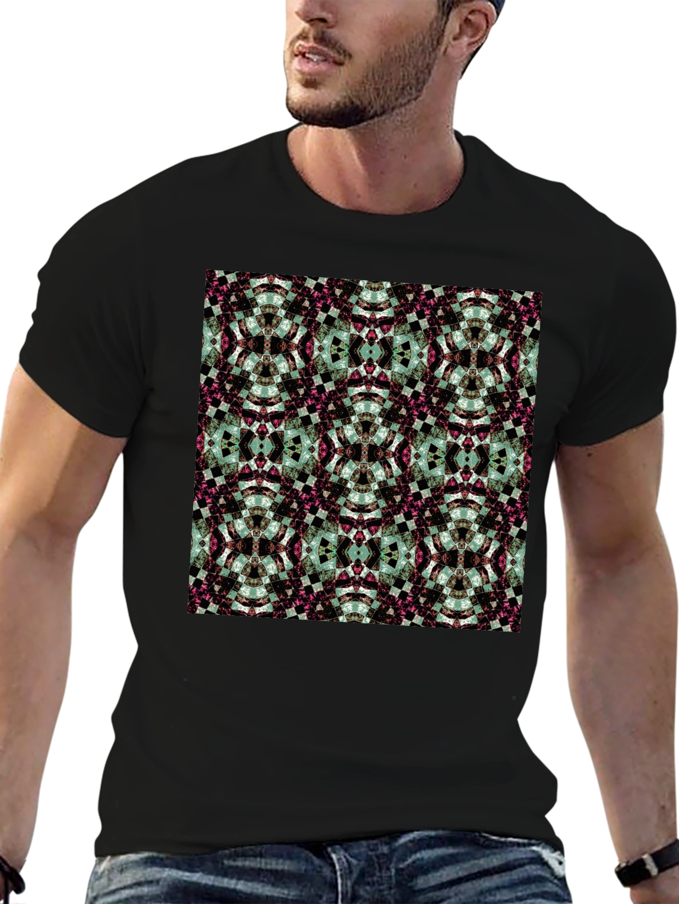 Camiseta Negra Estampado Geométrico Abstracto