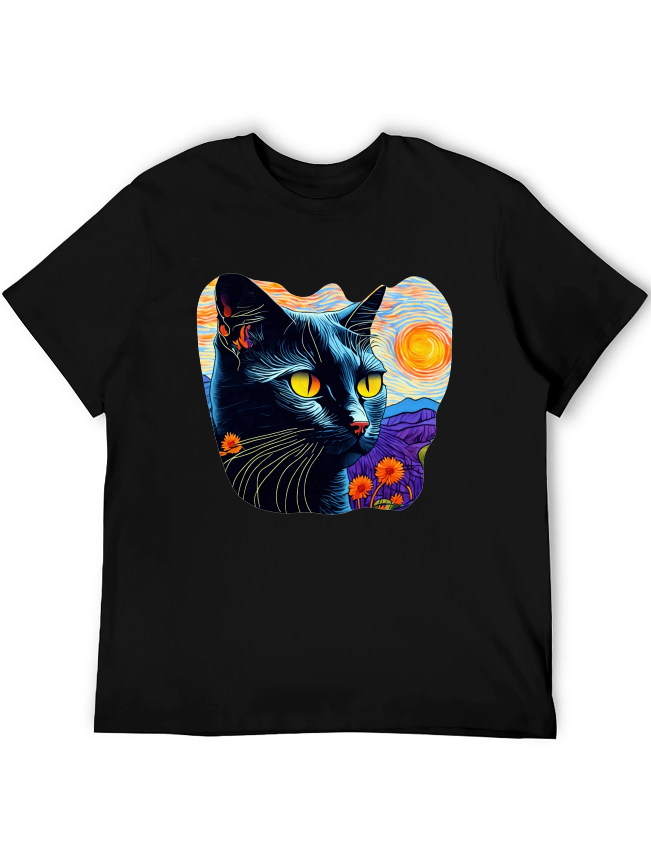 Camiseta Hombre Gato Van Gogh Noche Estrellada Algodón