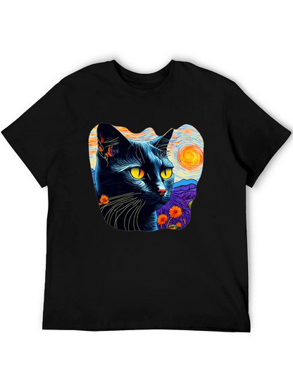 Camiseta Hombre Gato Van Gogh Noche Estrellada Algodón
