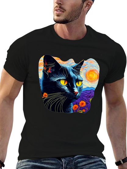 Camiseta Hombre Gato Van Gogh Noche Estrellada Algodón