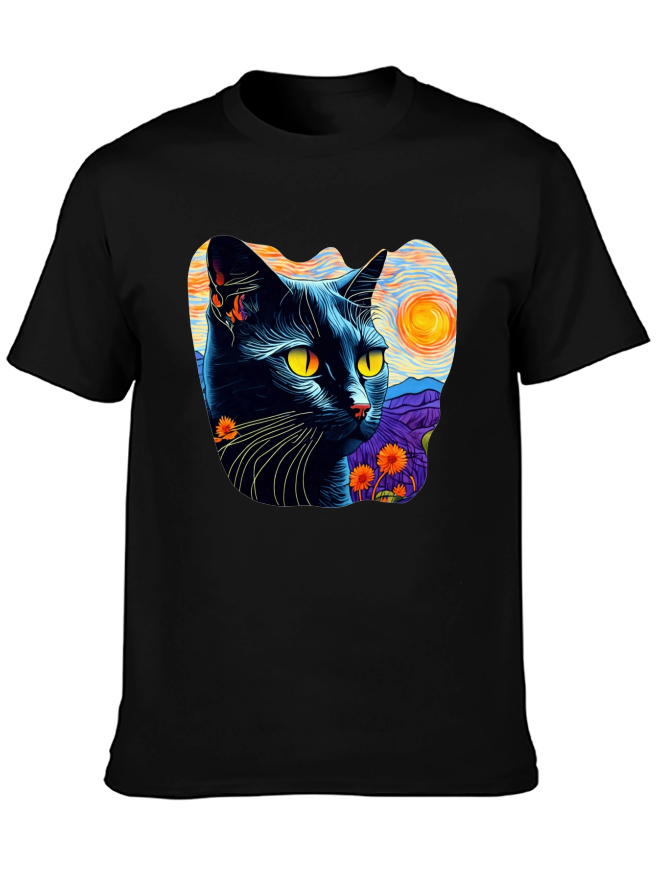 Camiseta Hombre Gato Van Gogh Noche Estrellada Algodón