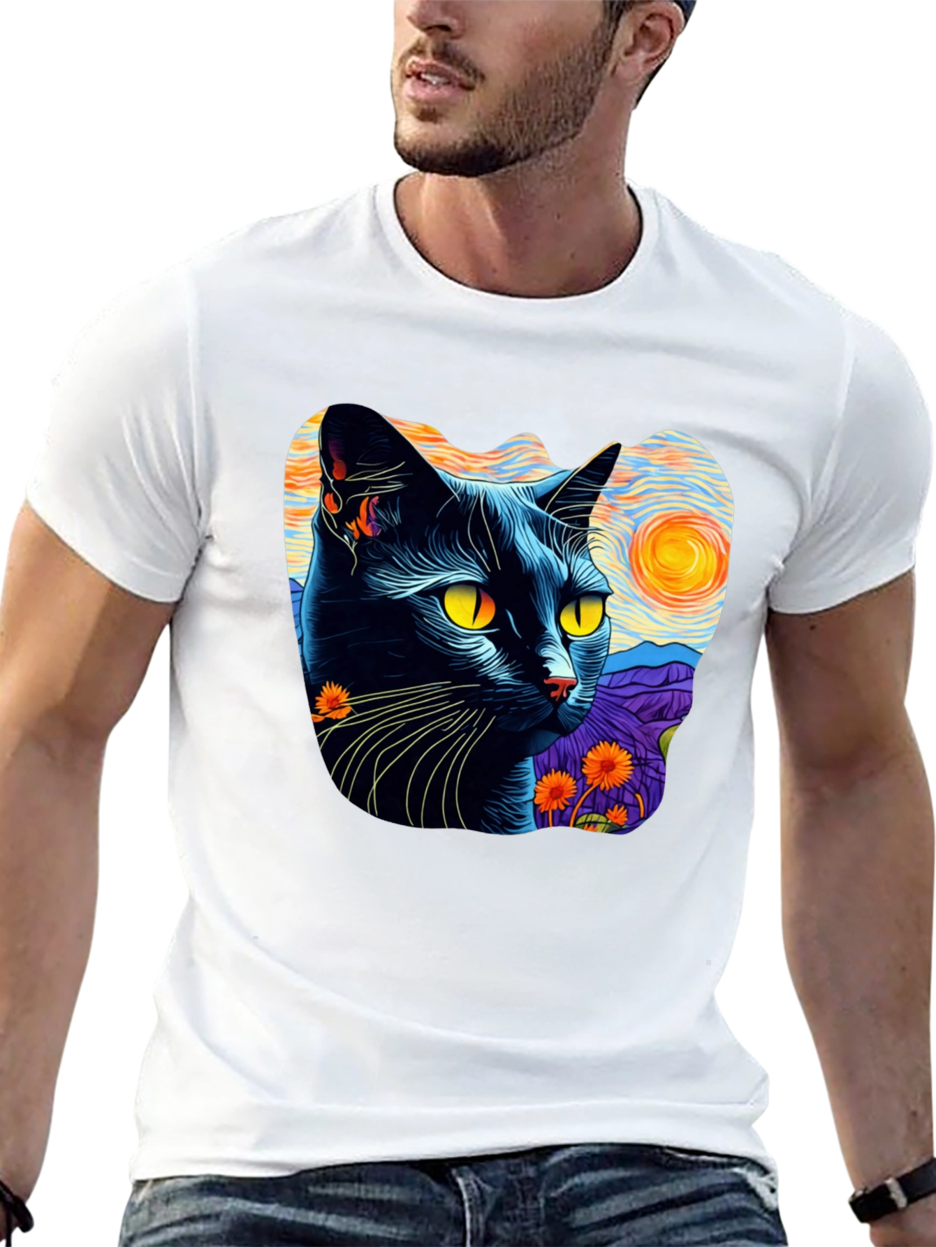Camiseta Hombre Gato Van Gogh Noche Estrellada Algodón
