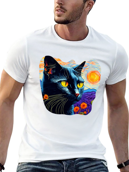 Camiseta Hombre Gato Van Gogh Noche Estrellada Algodón