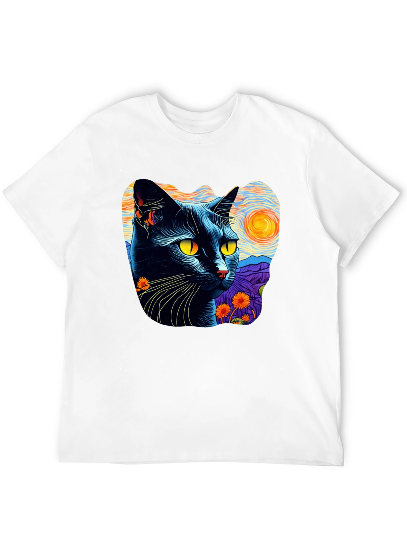 Camiseta Hombre Gato Van Gogh Noche Estrellada Algodón