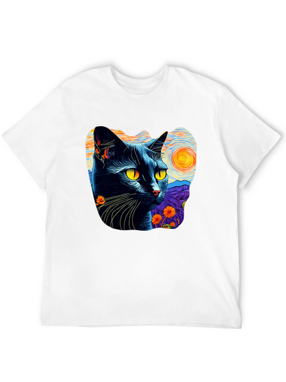 Camiseta Hombre Gato Van Gogh Noche Estrellada Algodón