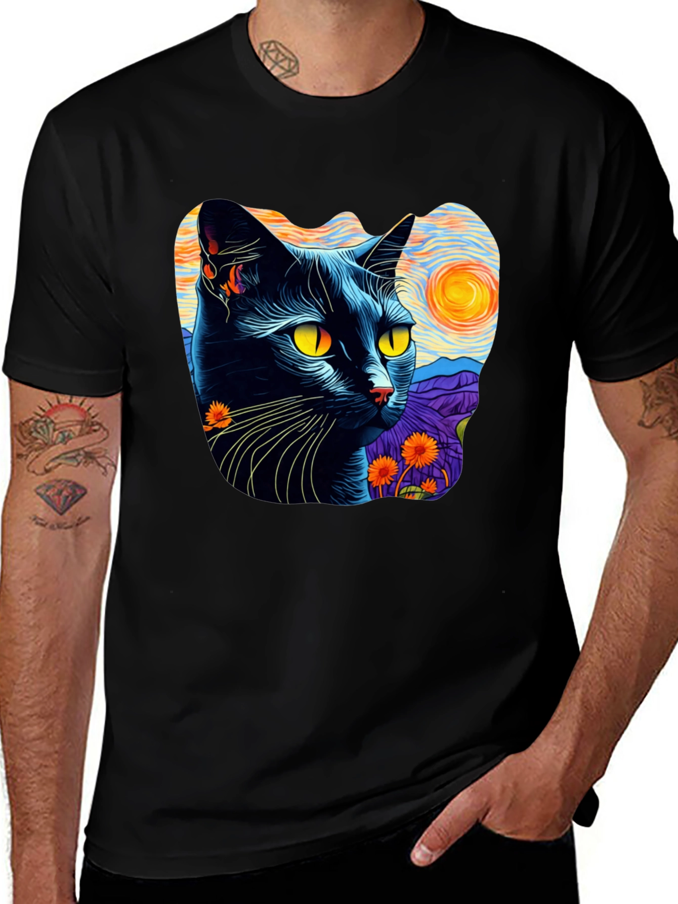 Camiseta Hombre Gato Van Gogh Noche Estrellada Algodón