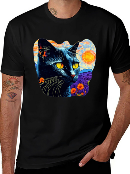 Camiseta Hombre Gato Van Gogh Noche Estrellada Algodón